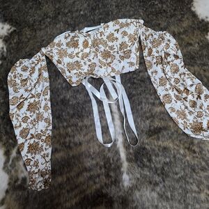 Elegant Brown Floral Crop Top with Puff Sleeves